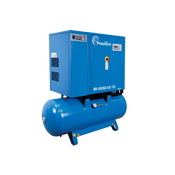 Blue air compressor with visible branding on a white background